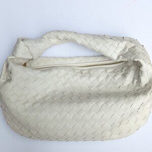 White Leather Shoulder Hand Bag – Chic Bottega Style, Woven Knot Handle NW